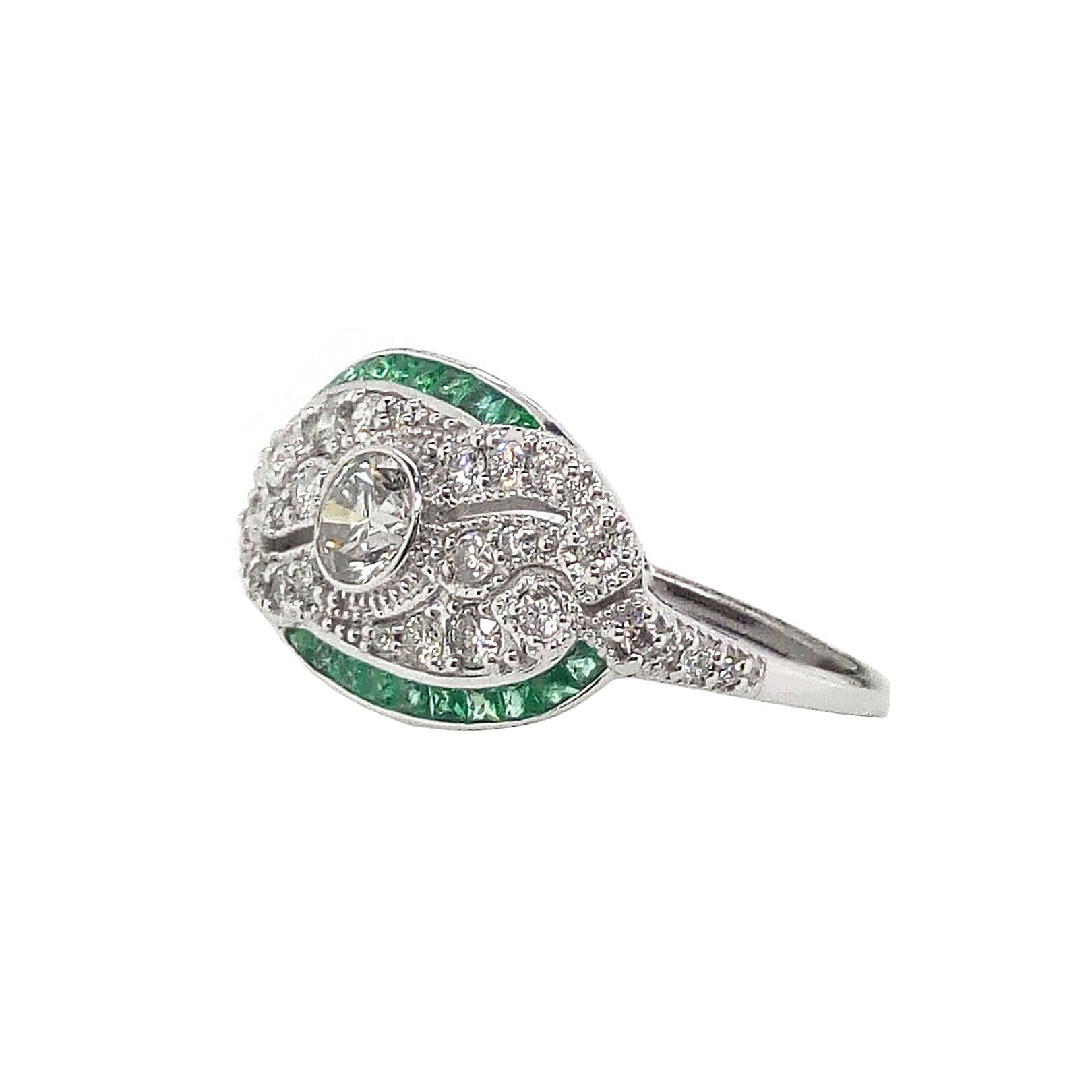 18K White Gold Natural Emerald and Diamond Ring