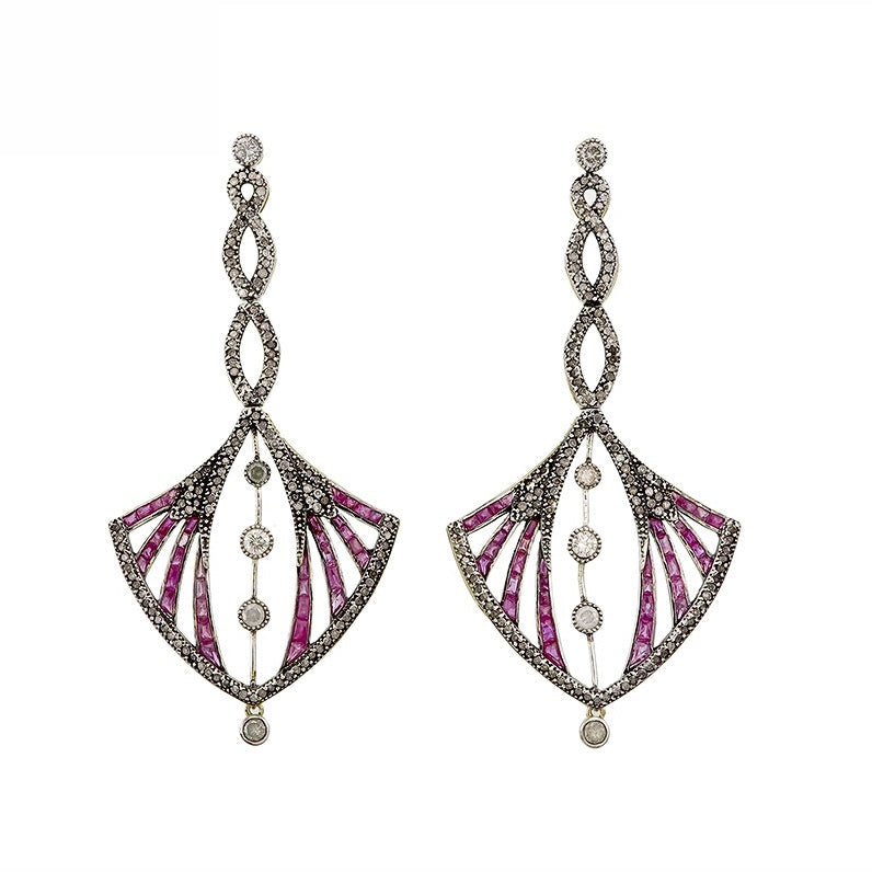 9K Gold and Silver Diamond with Natural Gemstone Art Deco Style Earrings