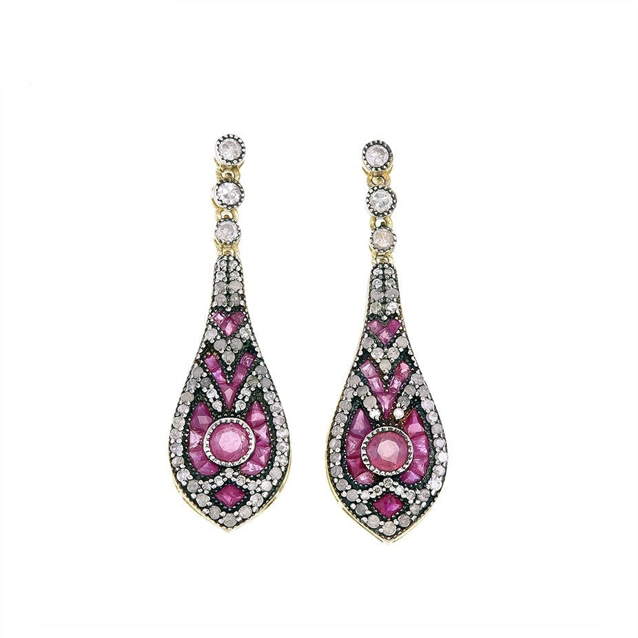 9K Gold and Silver Diamond with Natural Gemstone Art Deco Style Earrings