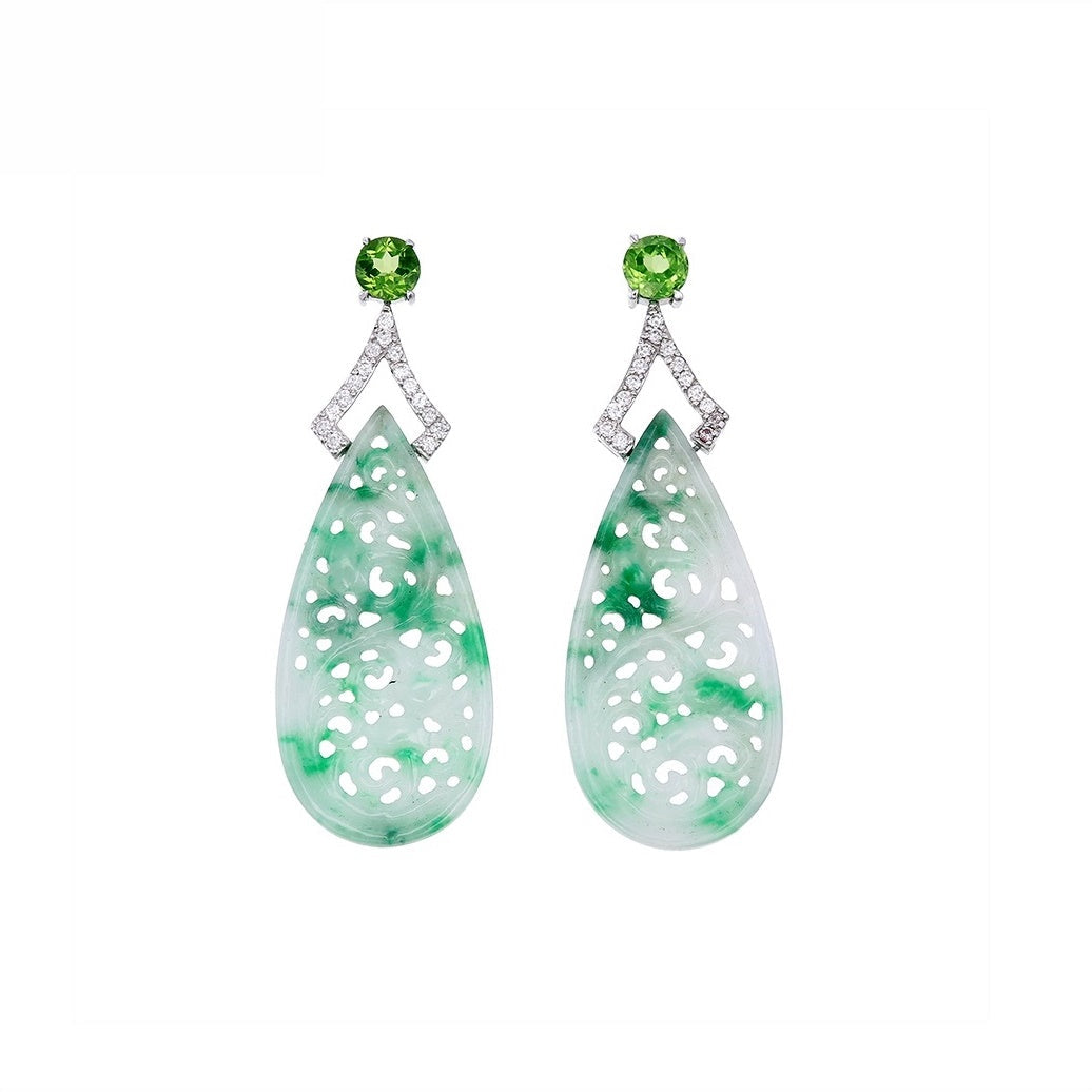 9K White Gold Natural Jade and Diamond Earrings