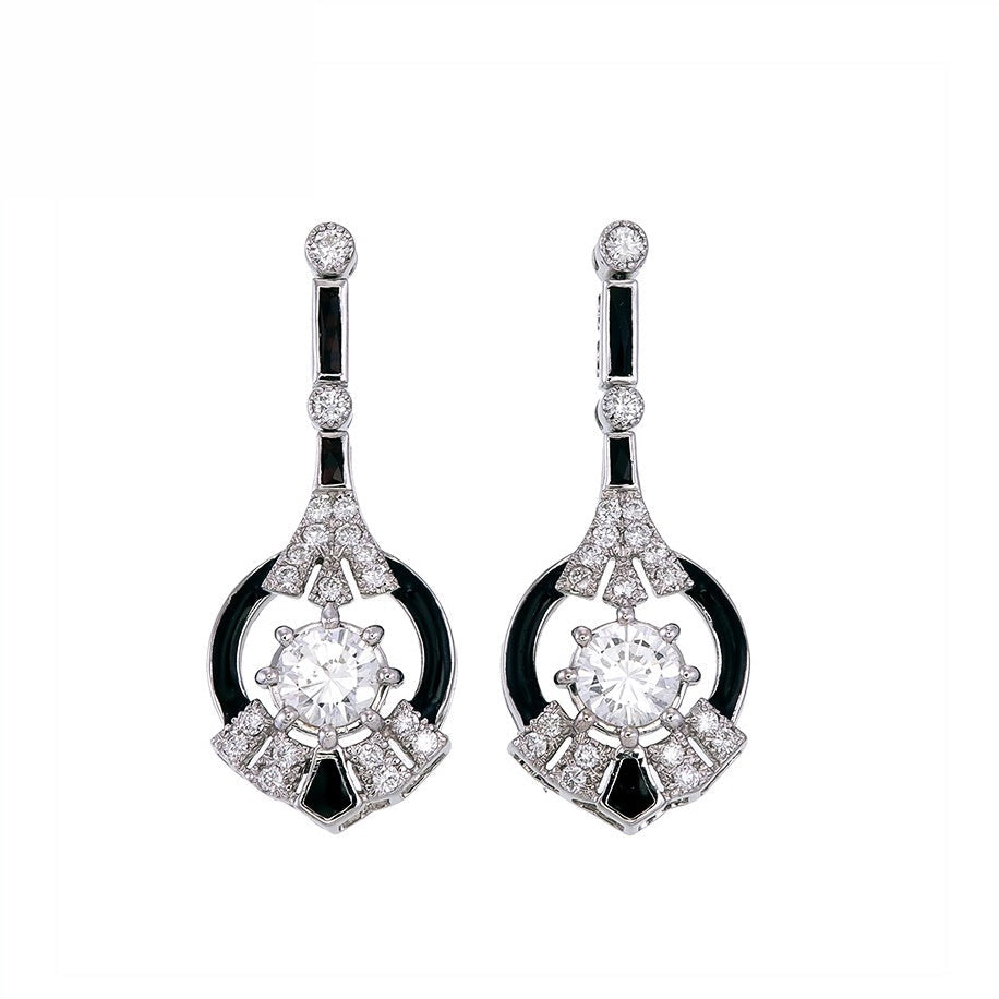 18K White Gold Natural Onyx and Diamond Earrings