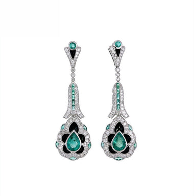 18K White Gold Natural Emerald, Onyx and Diamond Earrings