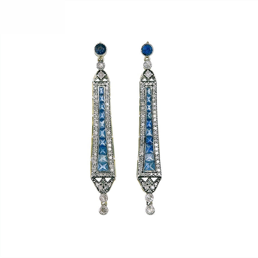 9K Gold and Silver Diamond with Natural Gemstone Art Deco Style Earrings