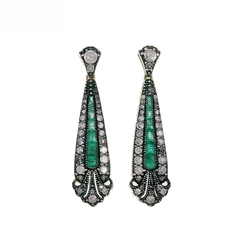 9K Gold and Silver Diamond with Natural Gemstone Art Deco Style Earrings