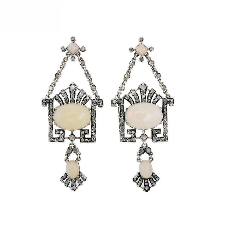 9K Gold and Silver Diamond with Natural Gemstone Art Deco Style Earrings
