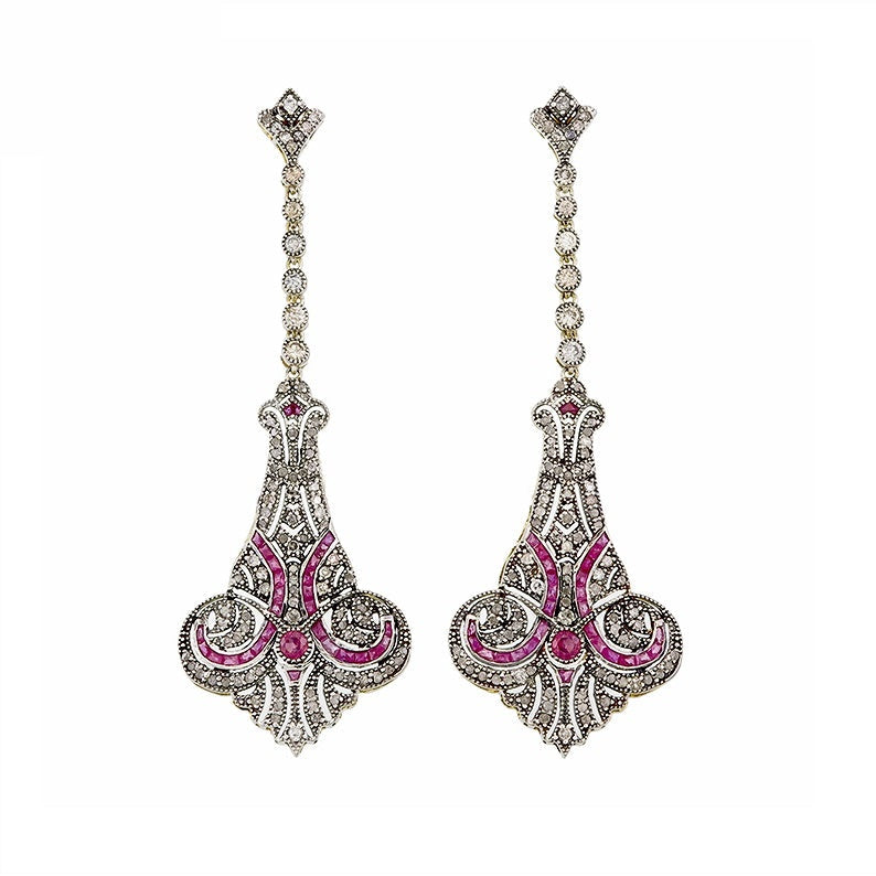 9K Gold and Silver Diamond with Natural Gemstone Art Deco Style Earrings