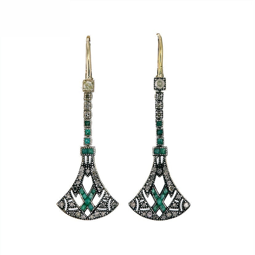 9K Gold and Silver Diamond with Natural Gemstone Art Deco Style Earrings