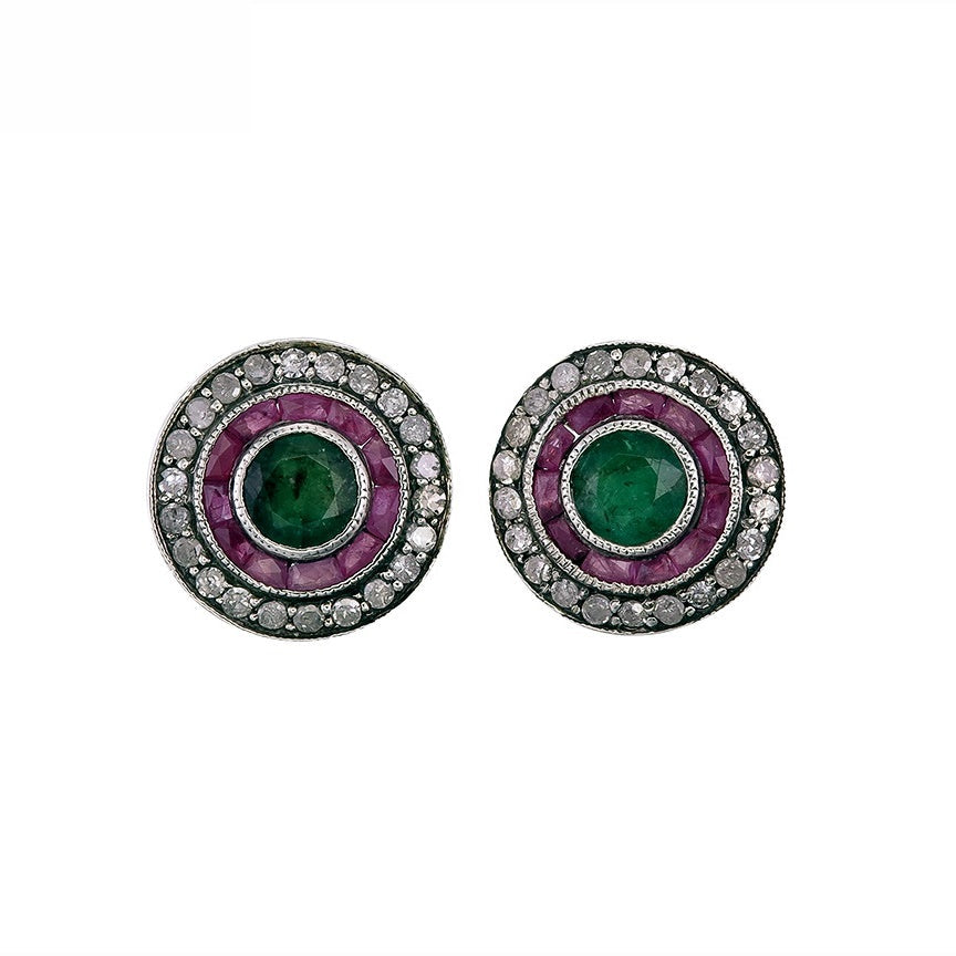 9K Gold and Silver Diamond with Natural Gemstone Art Deco Style Earrings