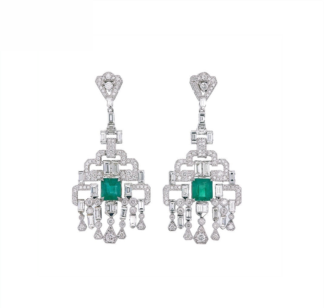 9K White Gold Natural Emerald and Diamond Earrings