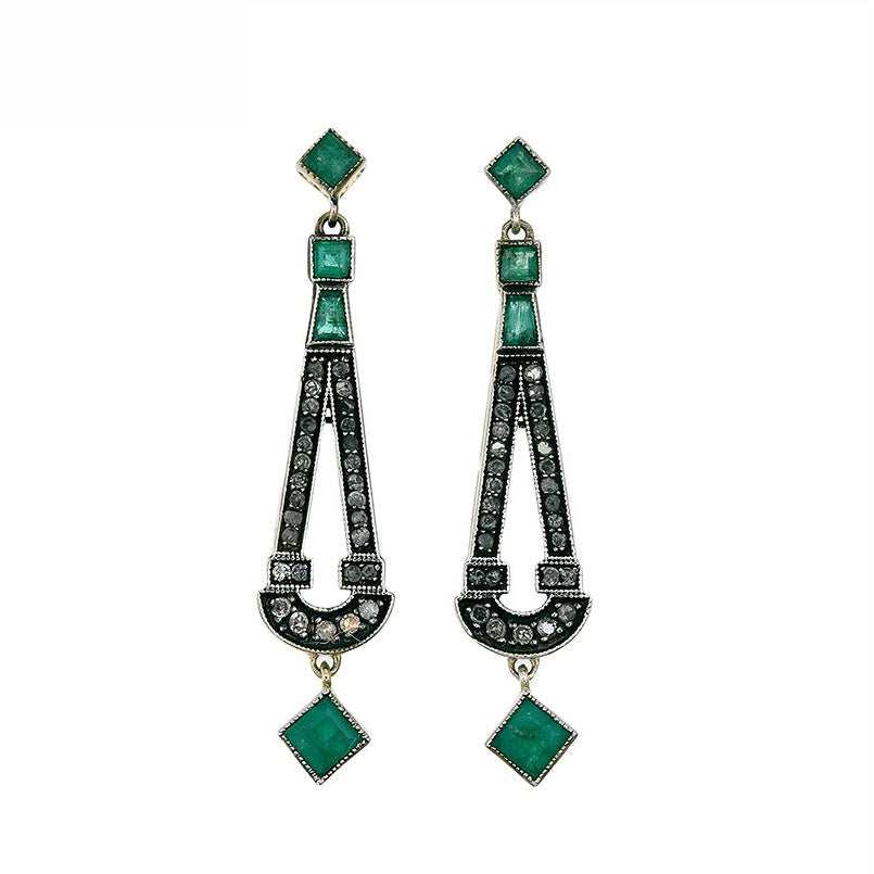 9K Gold and Silver Diamond with Natural Gemstone Art Deco Style Earrings