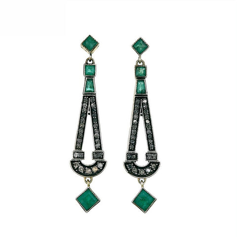 9K Gold and Silver Diamond with Natural Gemstone Art Deco Style Earrings
