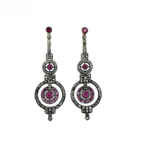9K Gold and Silver Diamond with Natural Gemstone Art Deco Style Earrings