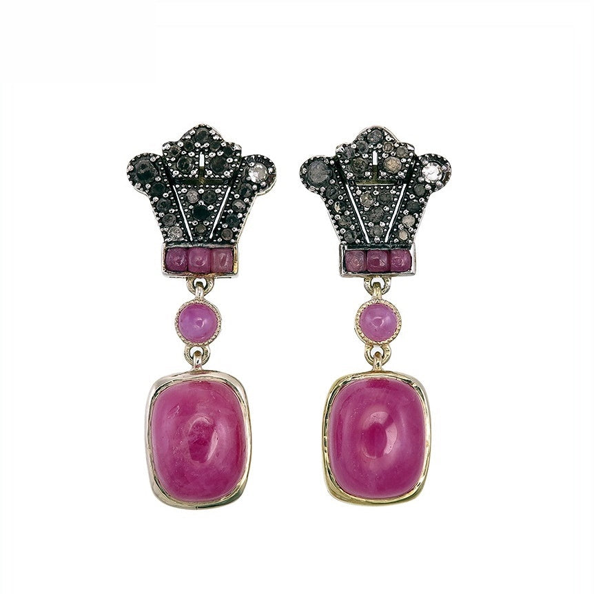 9K Gold and Silver Diamond with Natural Gemstone Art Deco Style Earrings