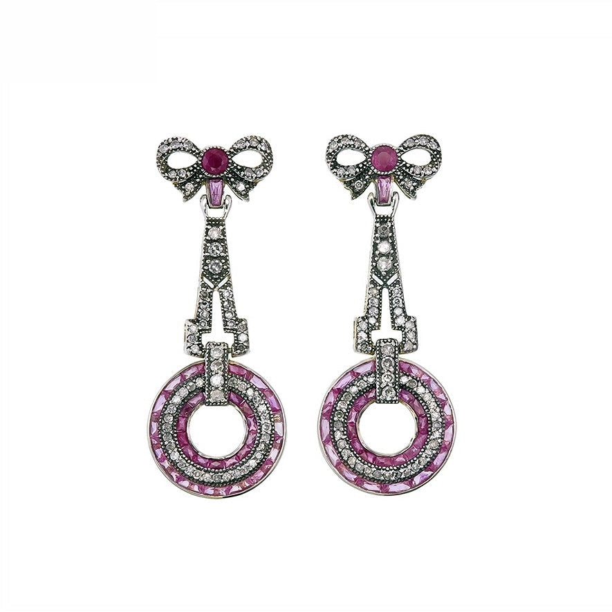 9K Gold and Silver Diamond with Natural Gemstone Art Deco Style Earrings