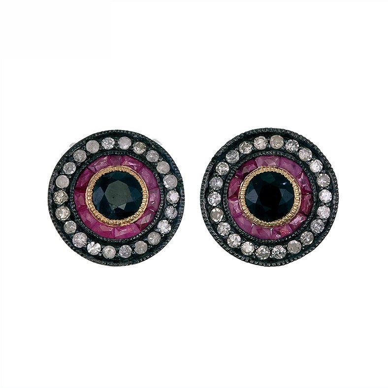 9K Gold and Silver Diamond with Natural Gemstone Art Deco Style Earrings