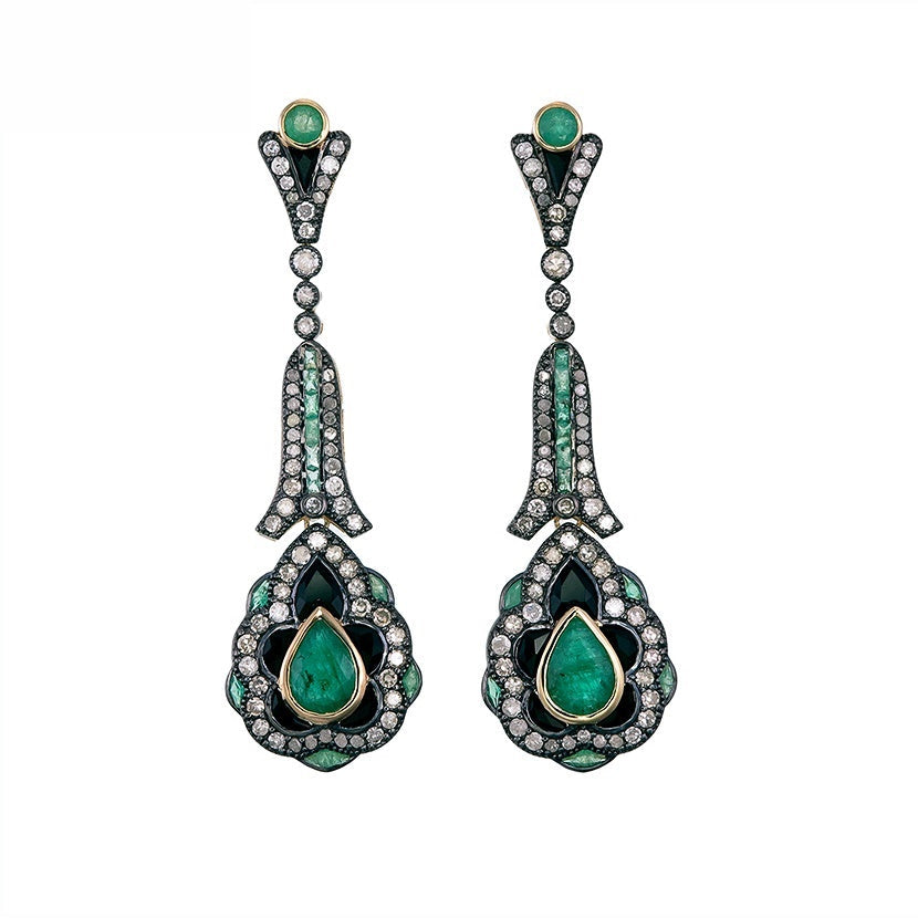 9K Gold and Silver Diamond with Natural Gemstone Art Deco Style Earrings