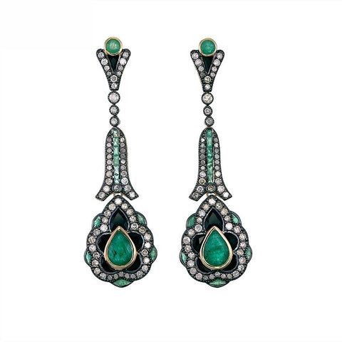 9K Gold and Silver Diamond with Natural Gemstone Art Deco Style Earrings
