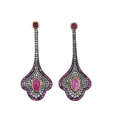 9K Gold and Silver Diamond with Natural Gemstone Art Deco Style Earrings