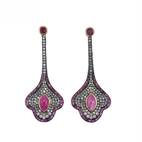 9K Gold and Silver Diamond with Natural Gemstone Art Deco Style Earrings