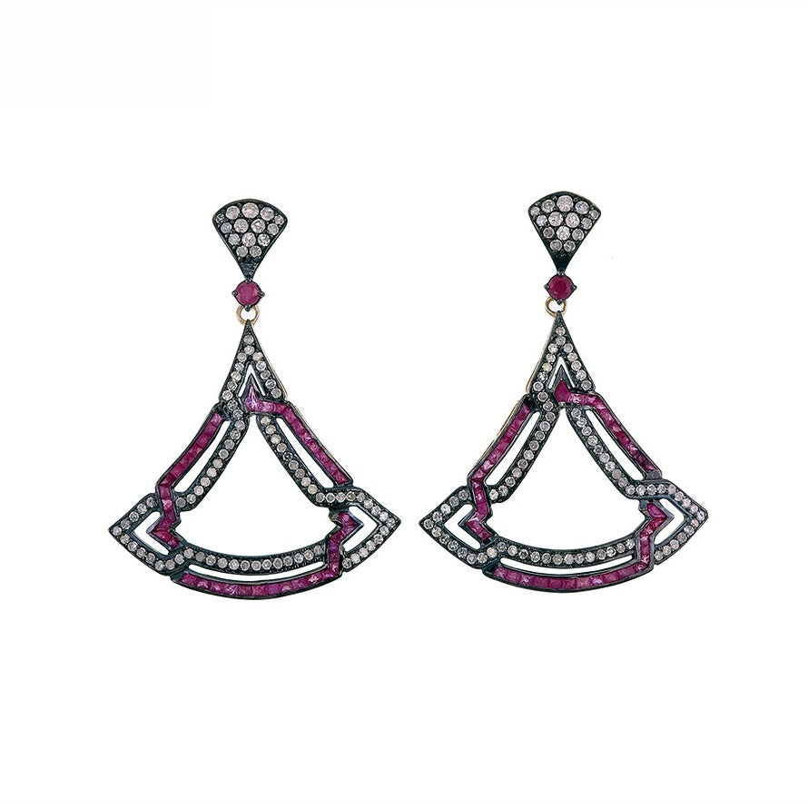 9K Gold and Silver Diamond with Natural Gemstone Art Deco Style Earrings