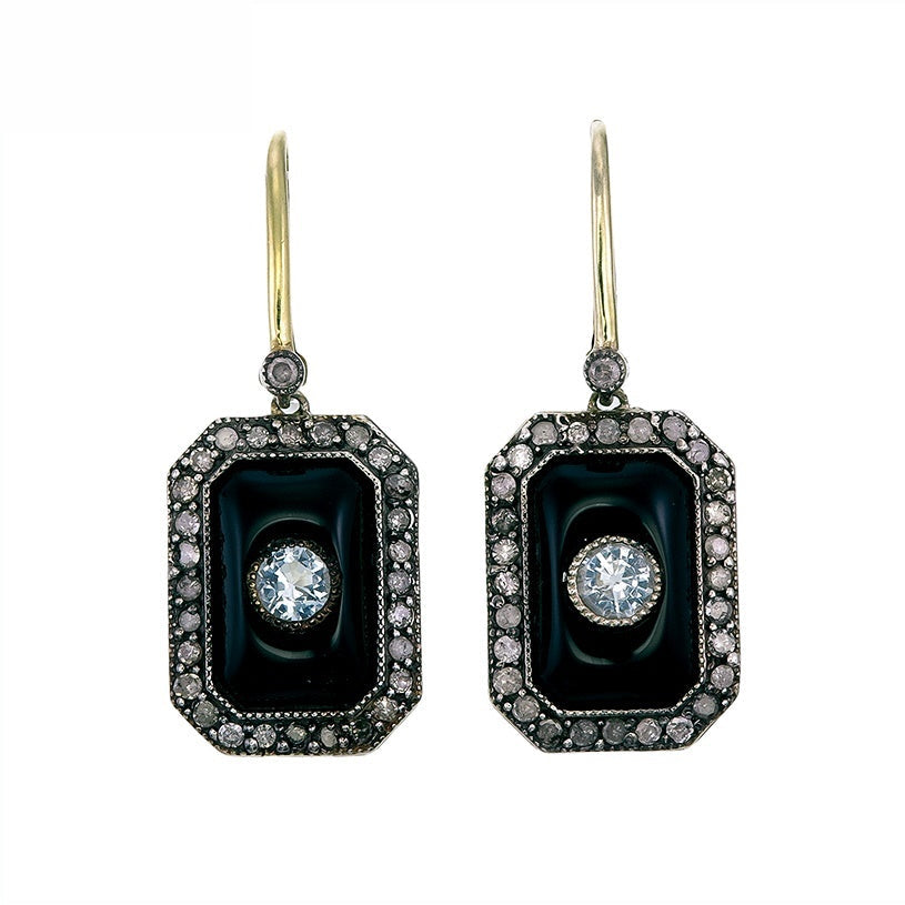 9K Gold and Silver Diamond with Natural Gemstone Art Deco Style Earrings