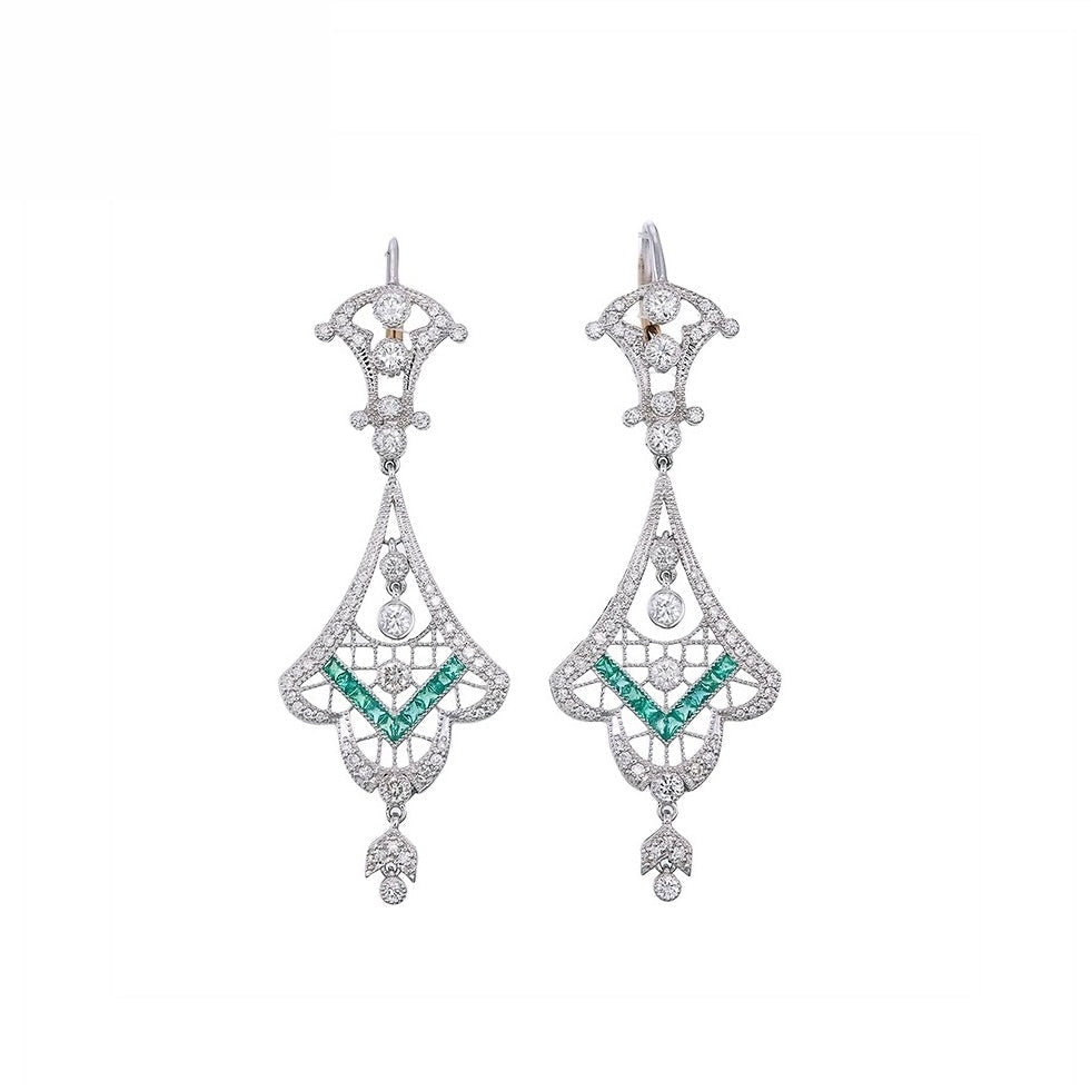 18K White Gold Natural Emerald and Diamond Earrings