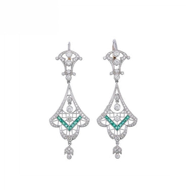 18K White Gold Natural Emerald and Diamond Earrings