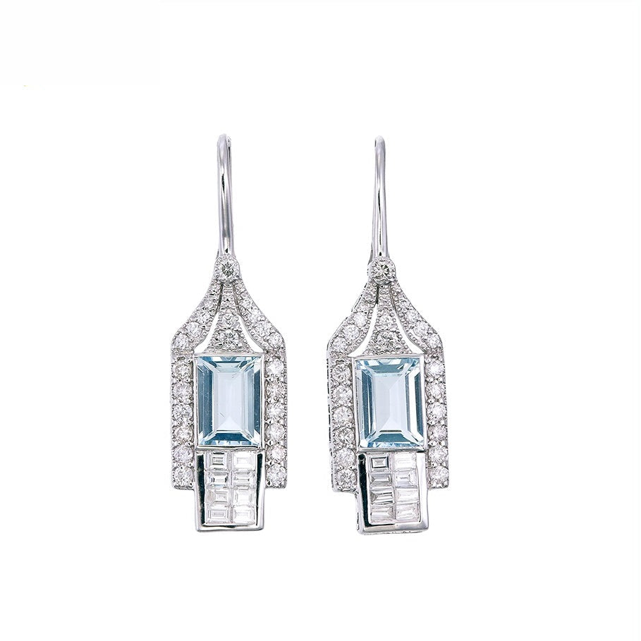 18K White Gold Natural Aquamarine and Diamond Earrings
