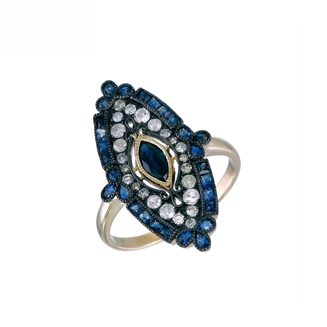 Silver and Diamond with Natural Gemstone Art Deco Style Ring