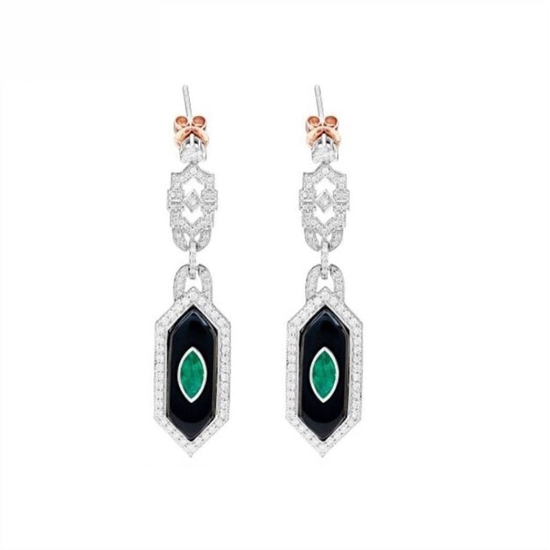 18K White Gold Natural Onyx, Natural Emerald and Diamond Earrings