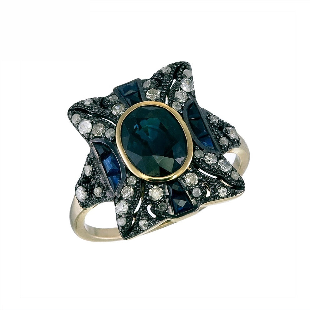 Silver and Diamond with Natural Gemstone Art Deco Style Ring