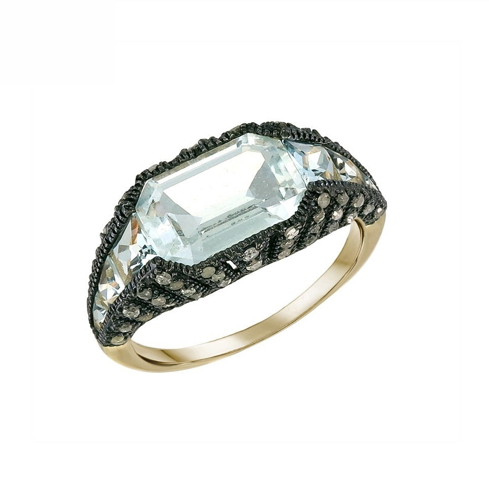 Silver and Diamond with Natural Gemstone Art Deco Style Ring