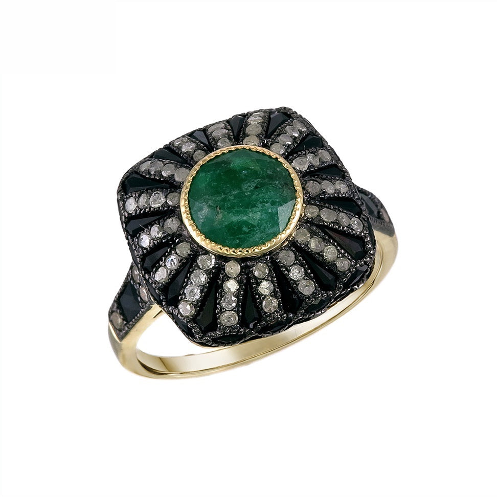 Silver and Diamond with Natural Gemstone Art Deco Style Ring