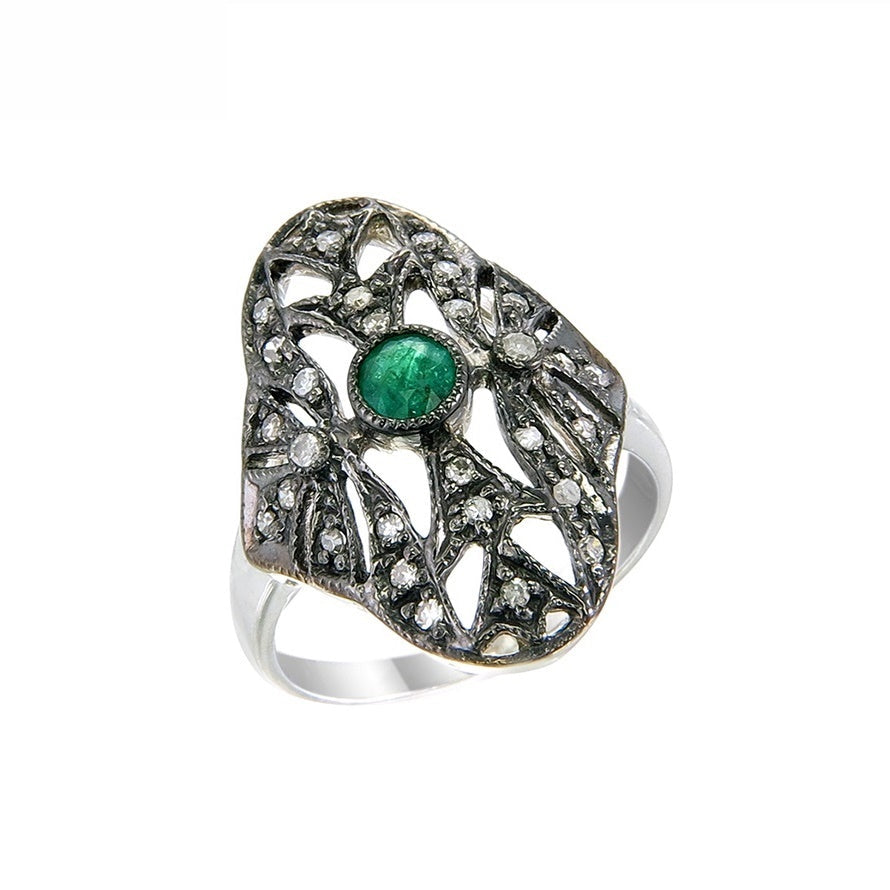 Silver and Diamond with Natural Gemstone Art Deco Style Ring