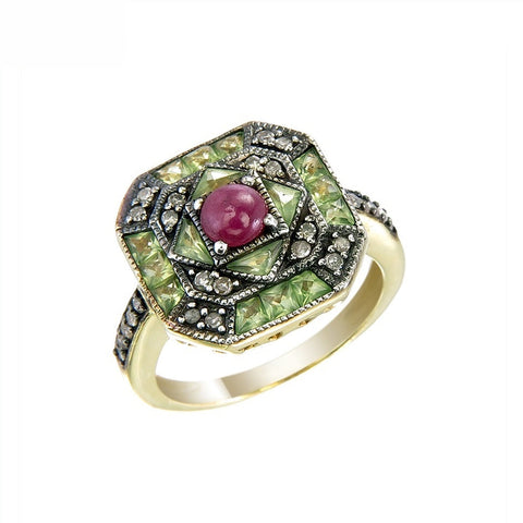Silver and Diamond with Natural Gemstone Art Deco Style Ring