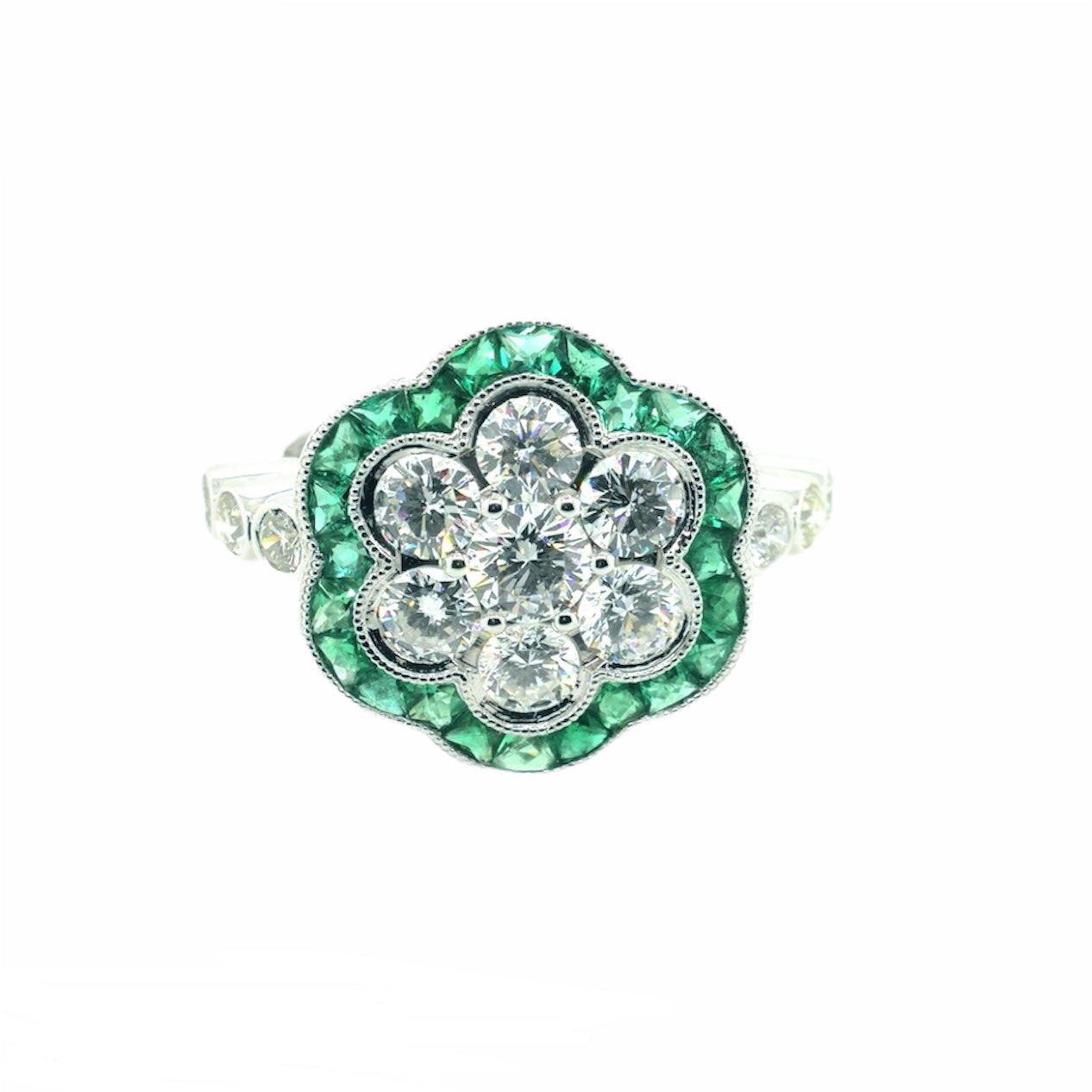 18K White Gold Natural Emerald and Diamond Ring