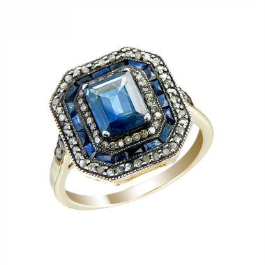 Silver and Diamond with Natural Gemstone Art Deco Style Ring