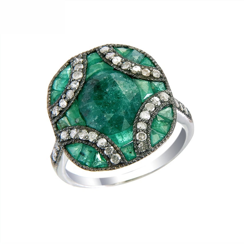 Silver and Diamond with Natural Gemstone Art Deco Style Ring