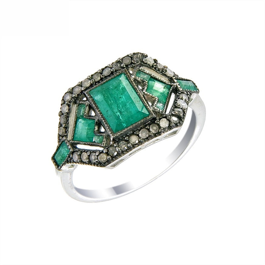 Silver and Diamond with Natural Gemstone Art Deco Style Ring