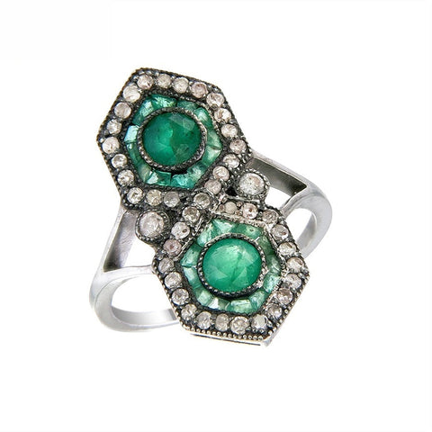 Silver and Diamond with Natural Gemstone Art Deco Style Ring