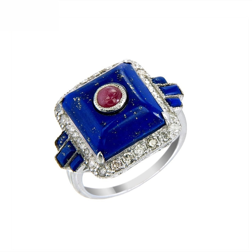Silver and Diamond with Natural Gemstone Art Deco Style Ring
