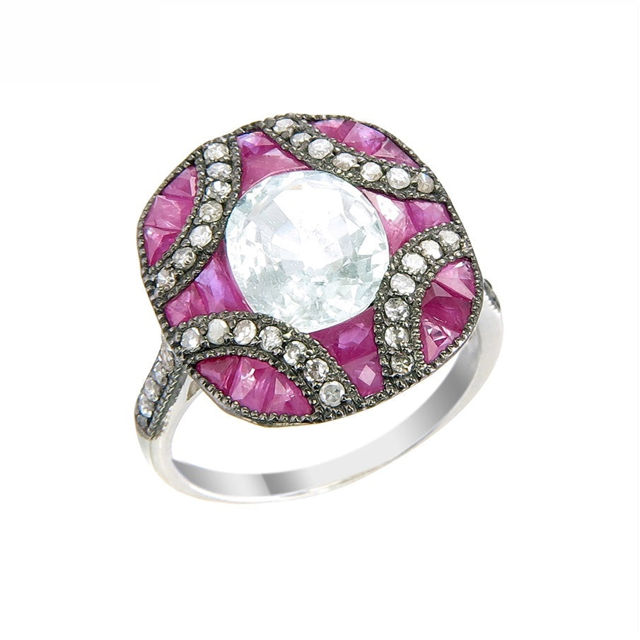 Silver and Diamond with Natural Gemstone Art Deco Style Ring