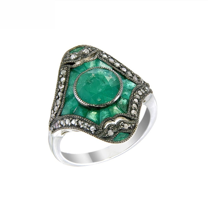 Silver and Diamond with Natural Gemstone Art Deco Style Ring