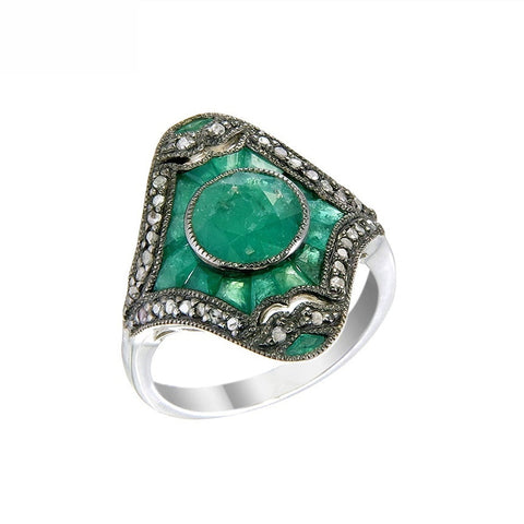 Silver and Diamond with Natural Gemstone Art Deco Style Ring