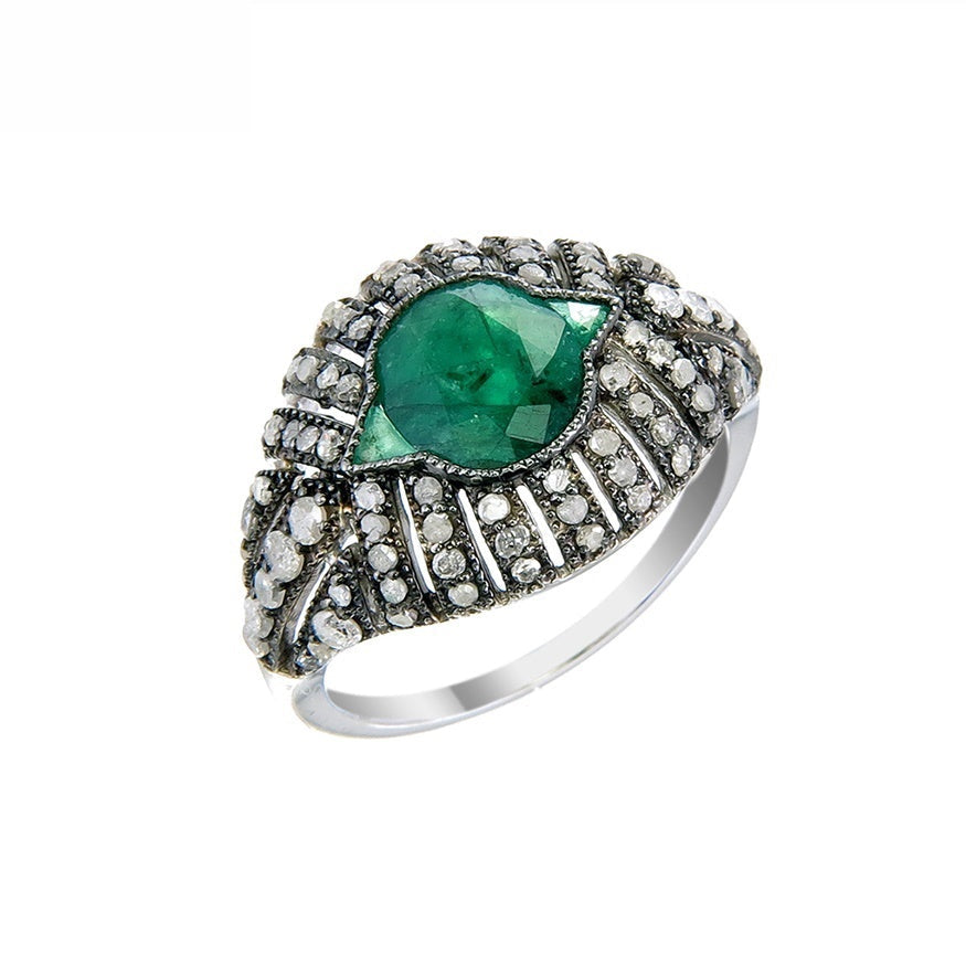 Silver and Diamond with Natural Gemstone Art Deco Style Ring