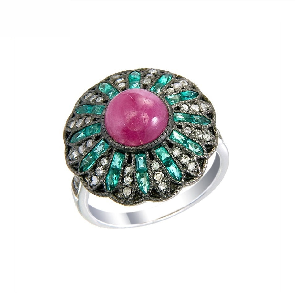 Silver and Diamond with Natural Gemstone Art Deco Style Ring