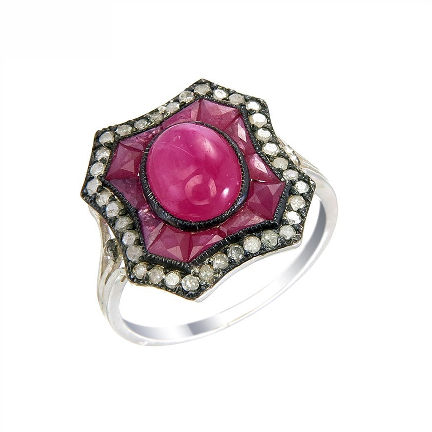 Silver and Diamond with Natural Gemstone Art Deco Style Ring