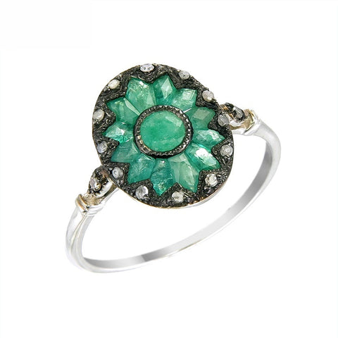 Silver and Diamond with Natural Gemstone Art Deco Style Ring