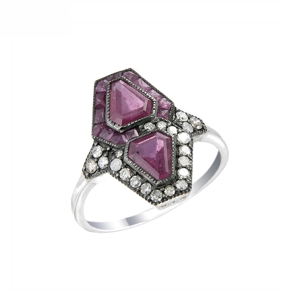 Silver and Diamond with Natural Gemstone Art Deco Style Ring