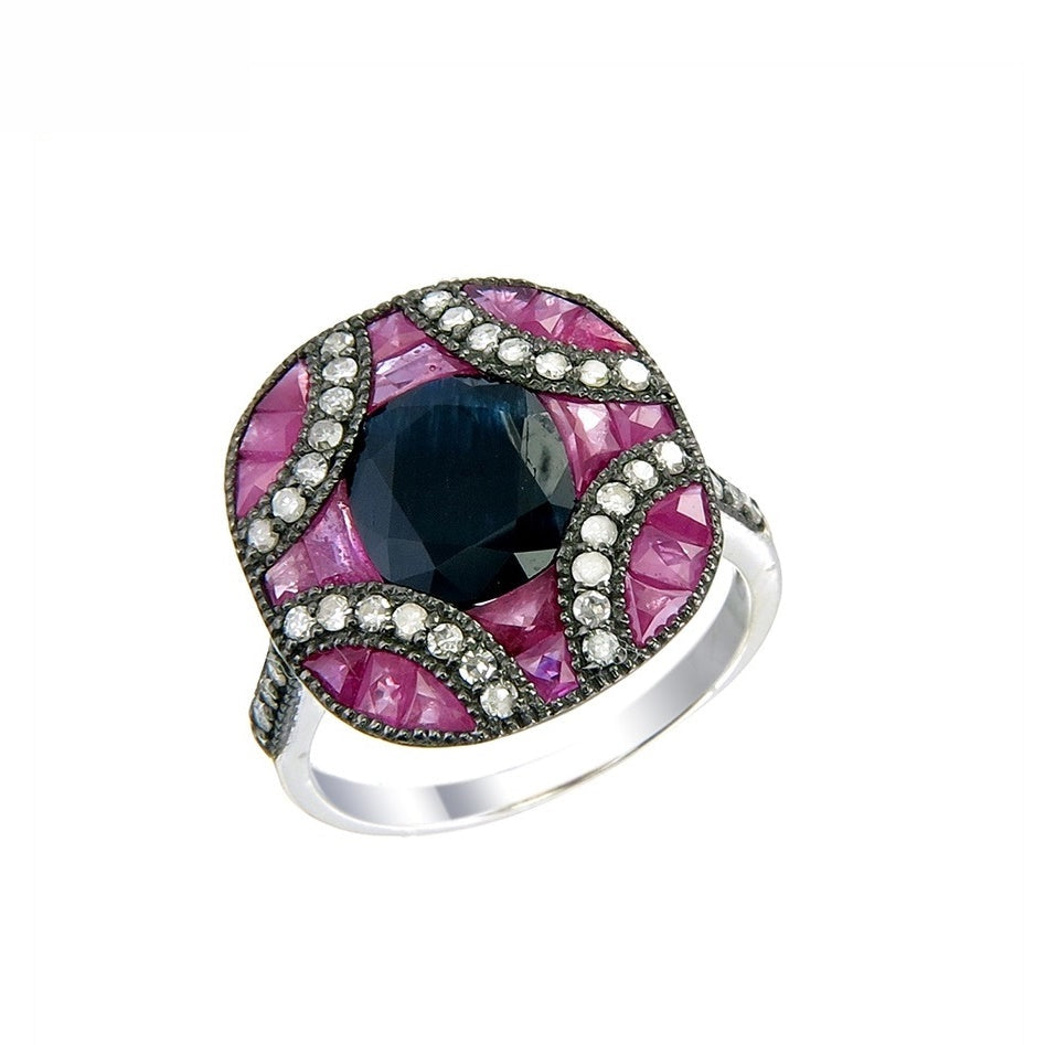 Silver and Diamond with Natural Gemstone Art Deco Style Ring